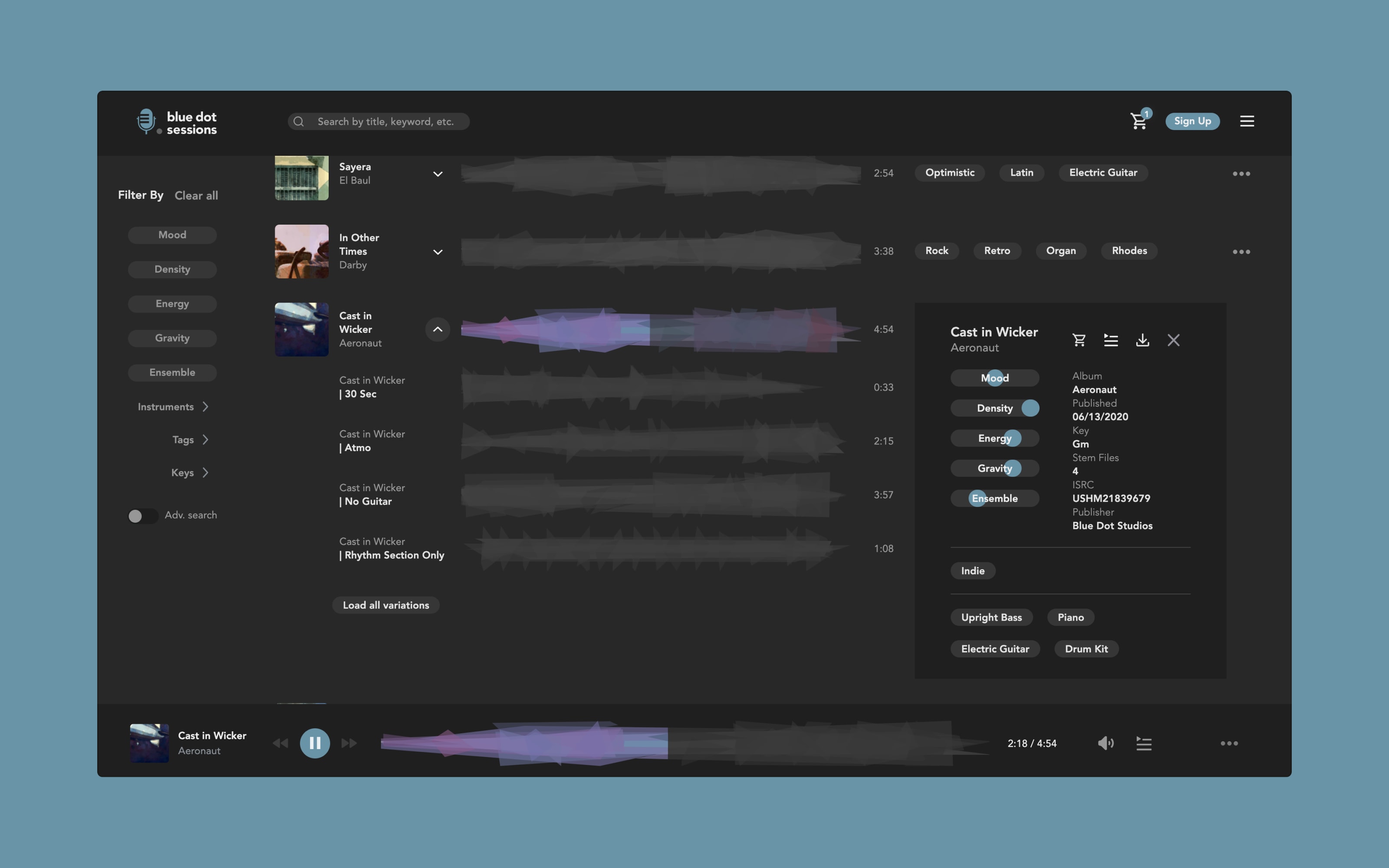 Blue Dot Sessions desktop library with filters, waveform tracks, and an open track detail panel