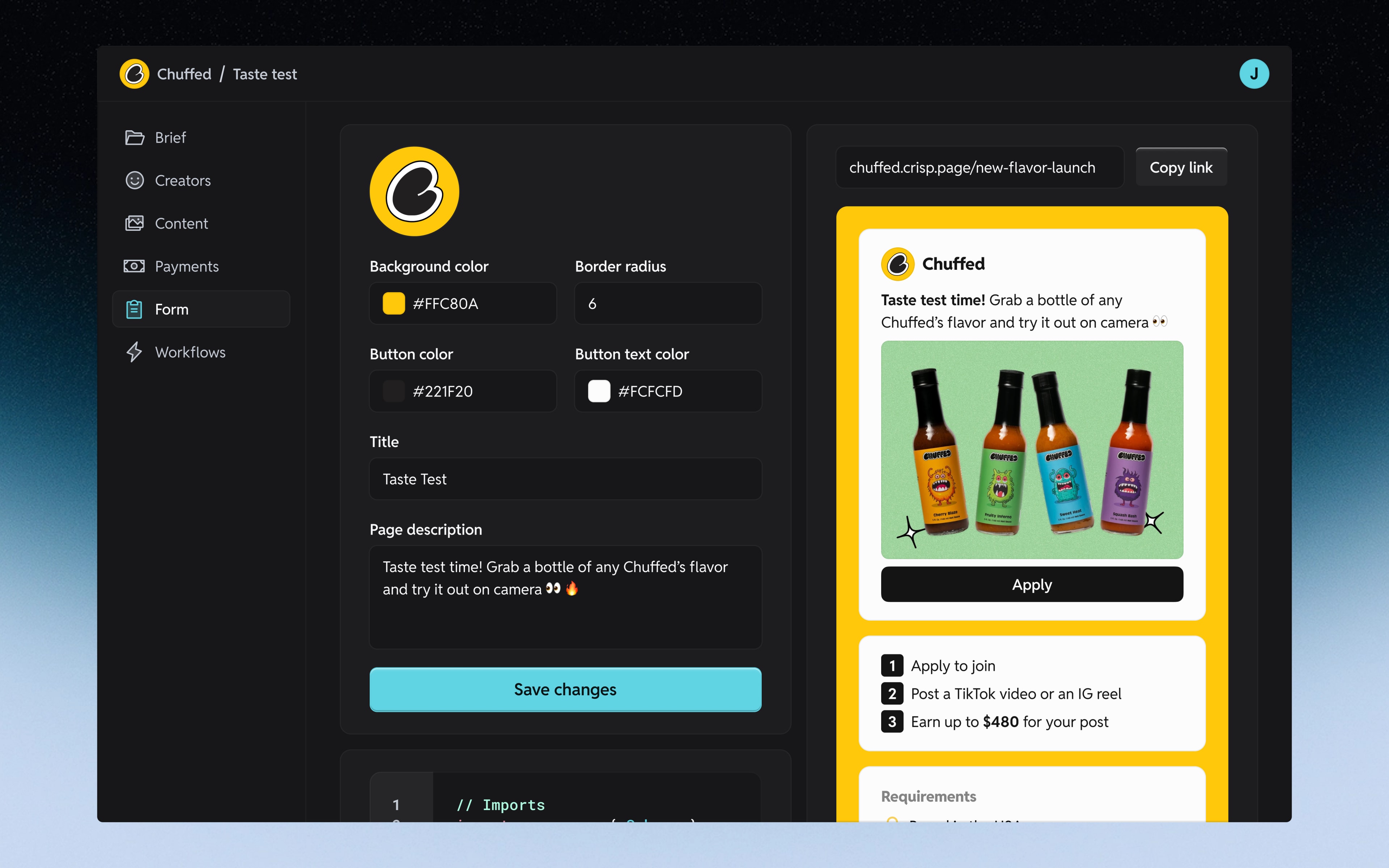 Creator application form with branding controls and a live preview