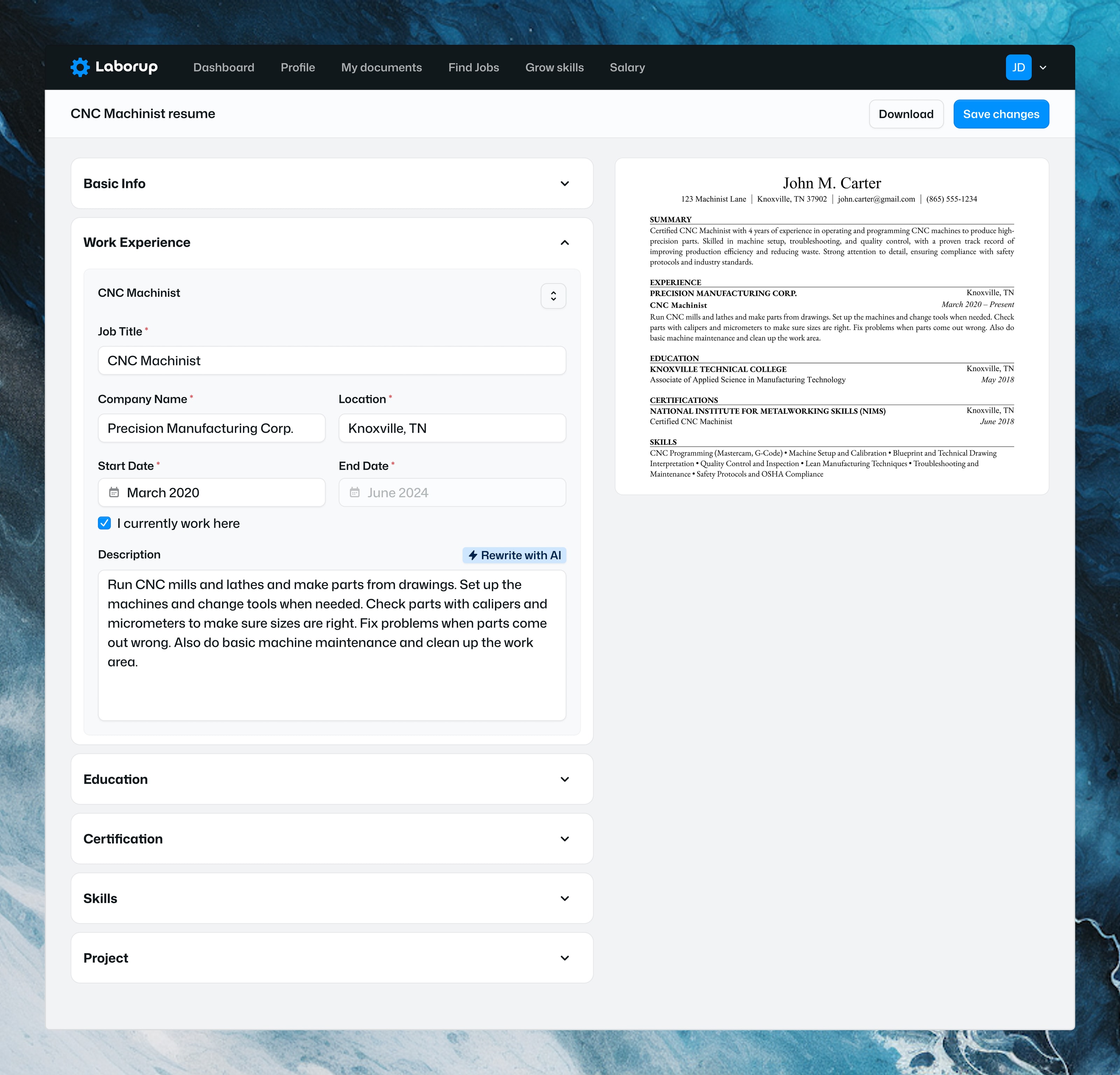 The Laborup resume builder with work experience fields and a resume preview