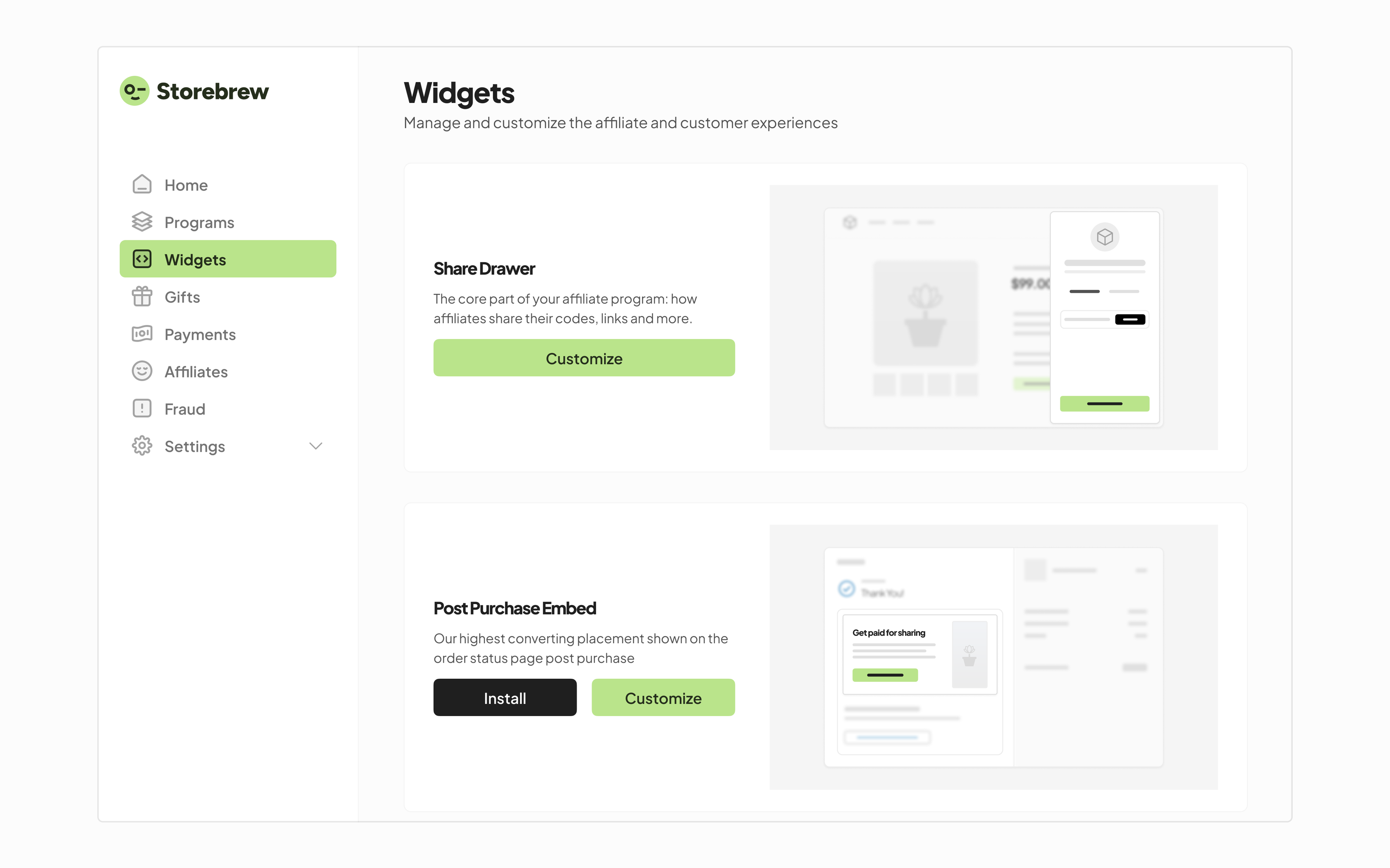 Storebrew widget settings for the share drawer and post-purchase embed