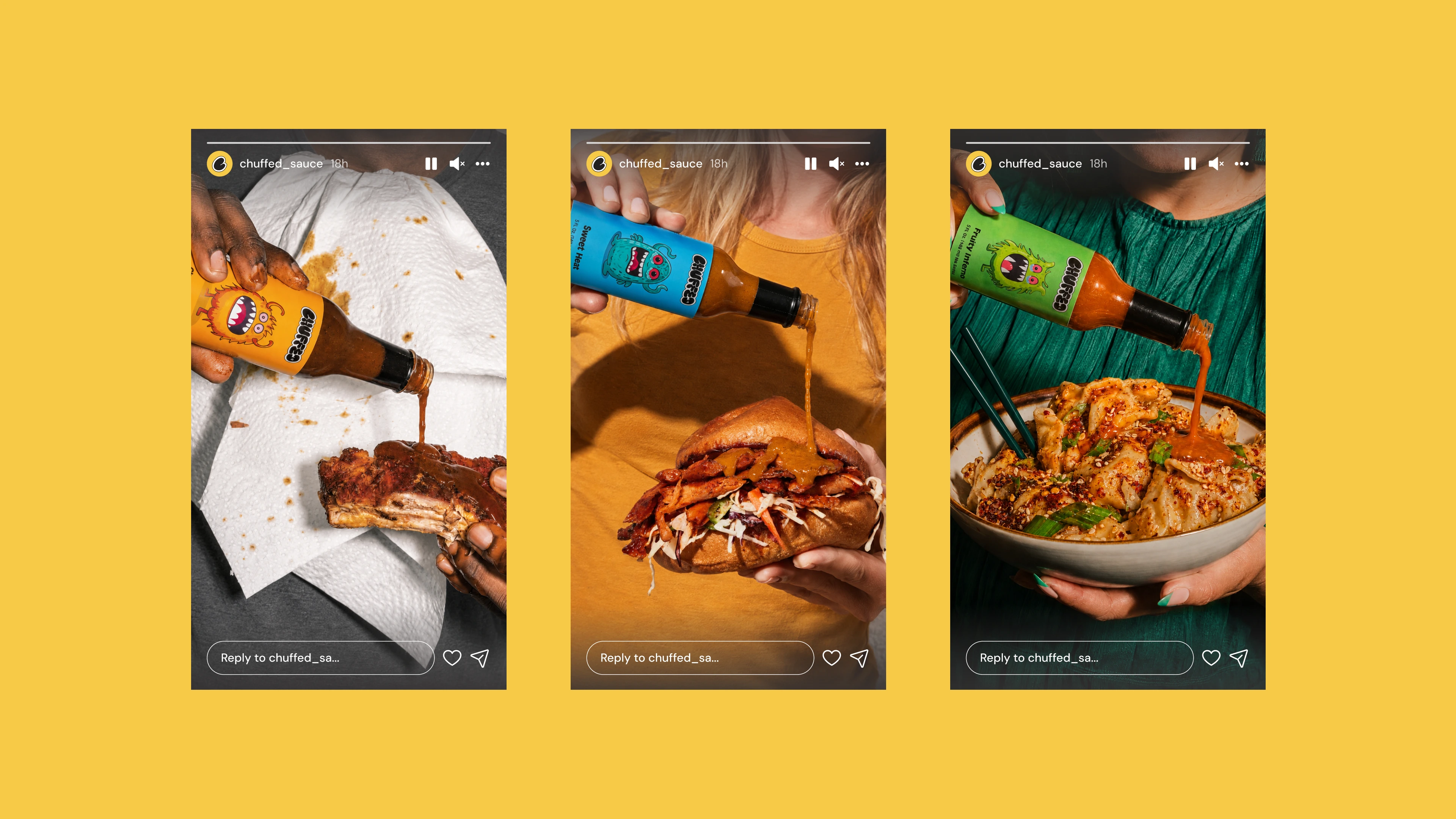 Chuffed campaign with ribs, a burger, and noodles