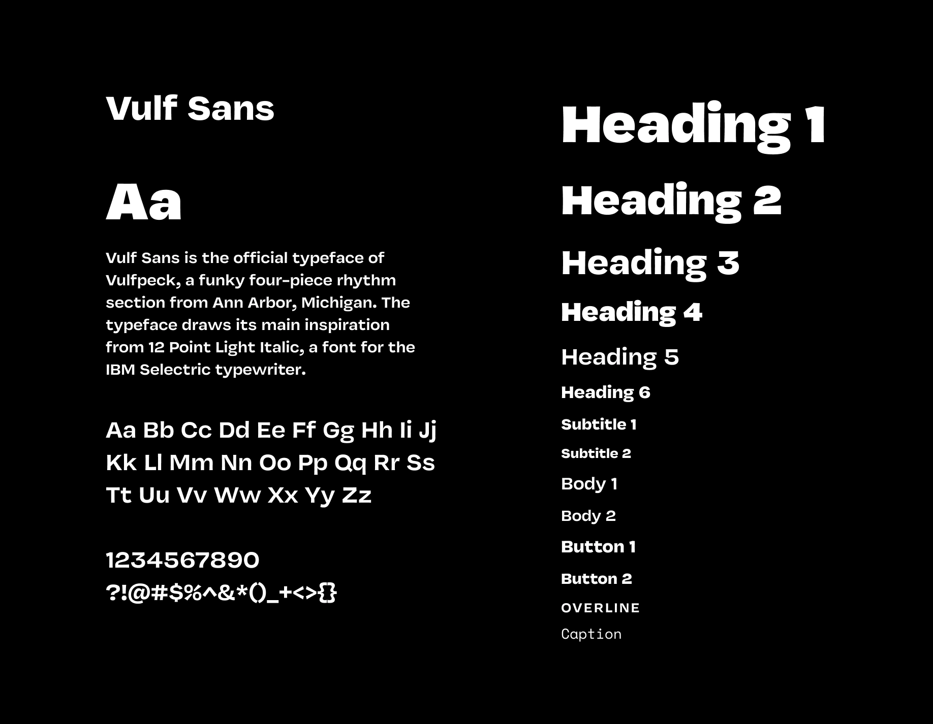 Vulf Sans type specimen with letters, numbers, and heading styles
