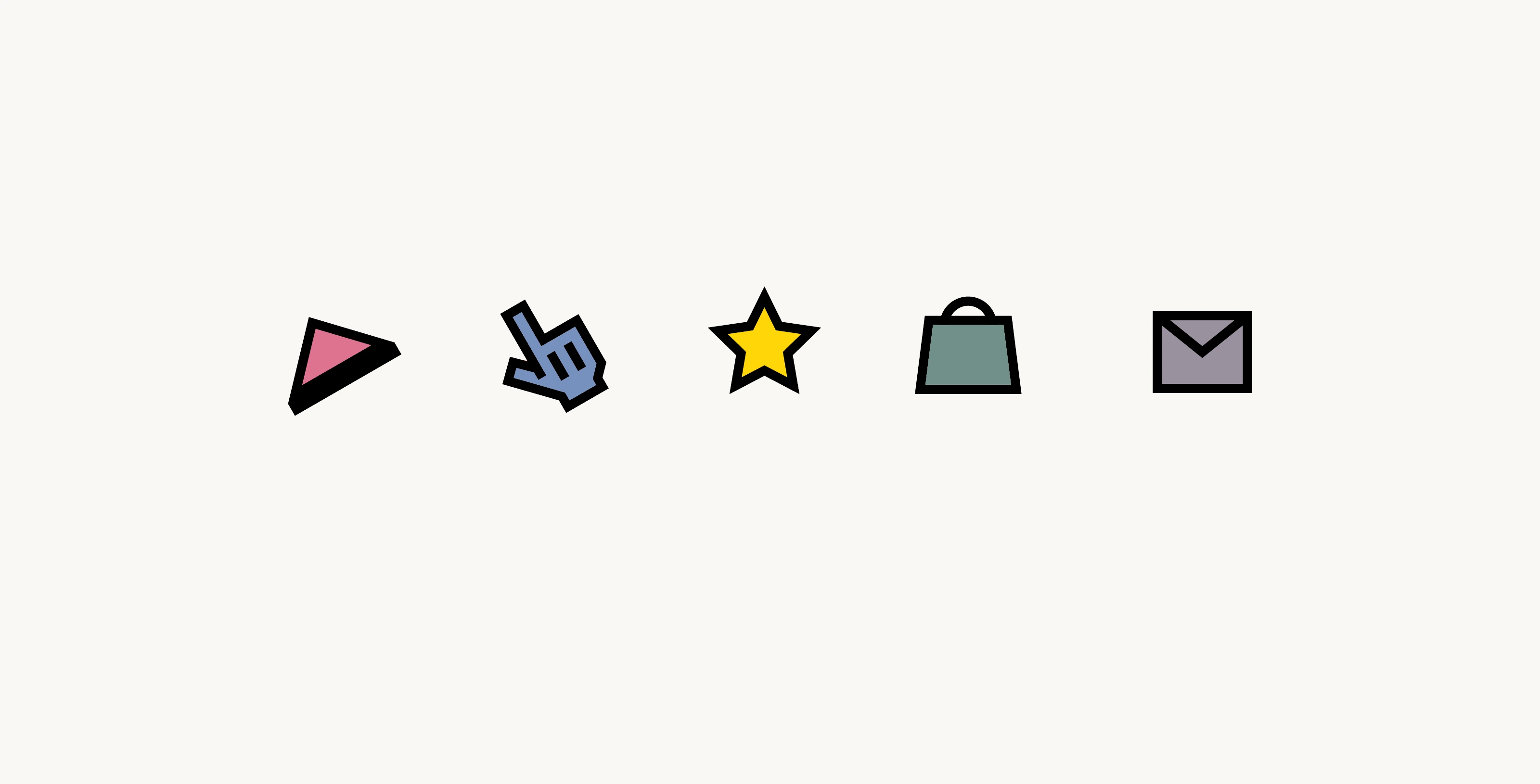 Chuffed play, pointer, star, shopping bag, and mail icons
