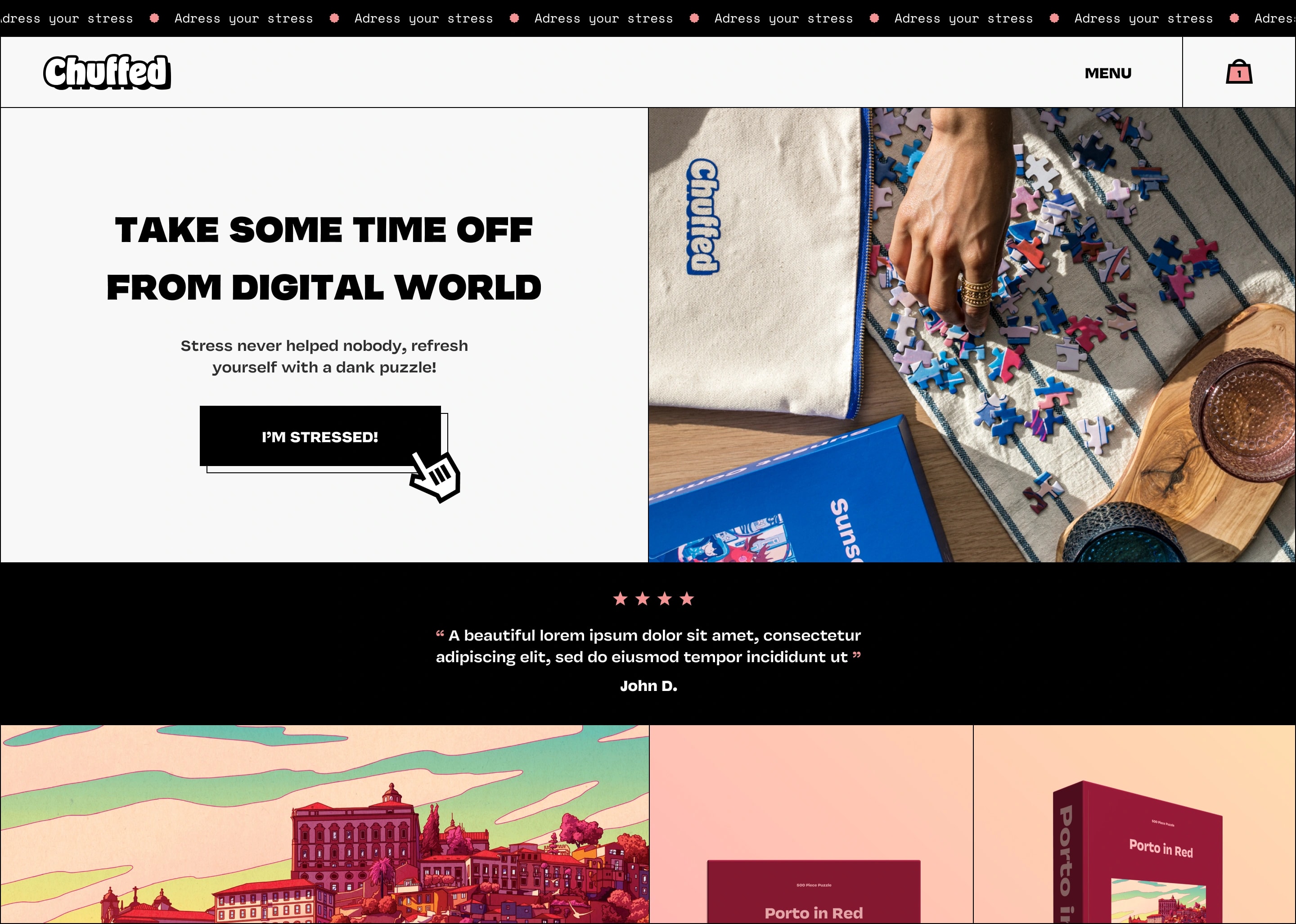 Chuffed Puzzles website design with bold headings, colorful icons, and product photography