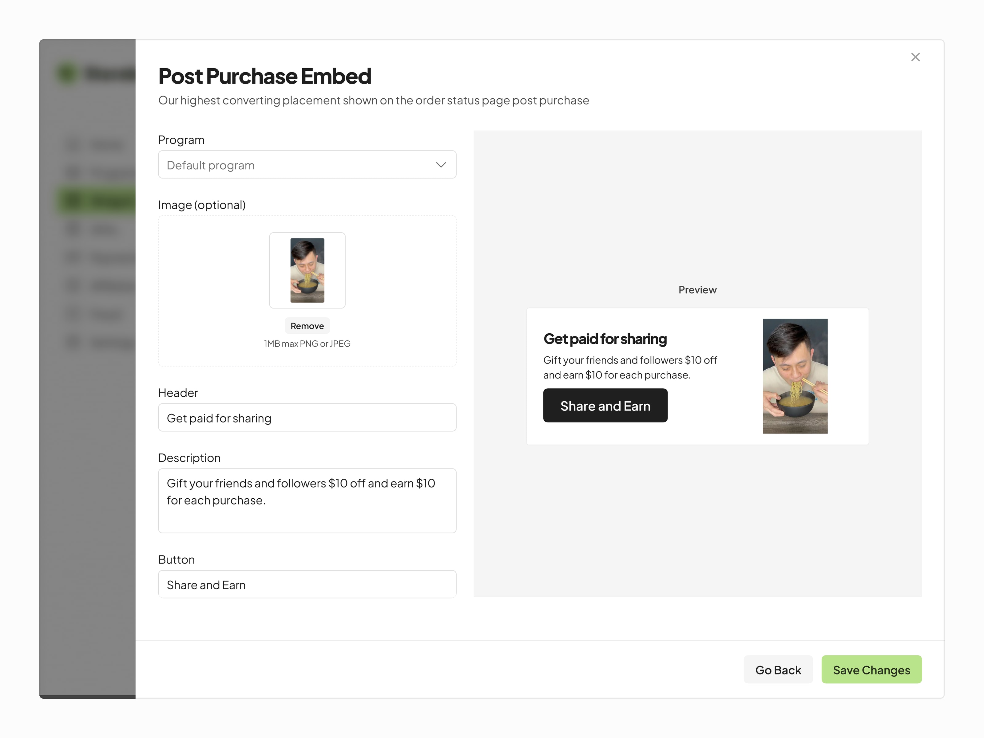 Storebrew editor with a preview of the referral offer shown after checkout