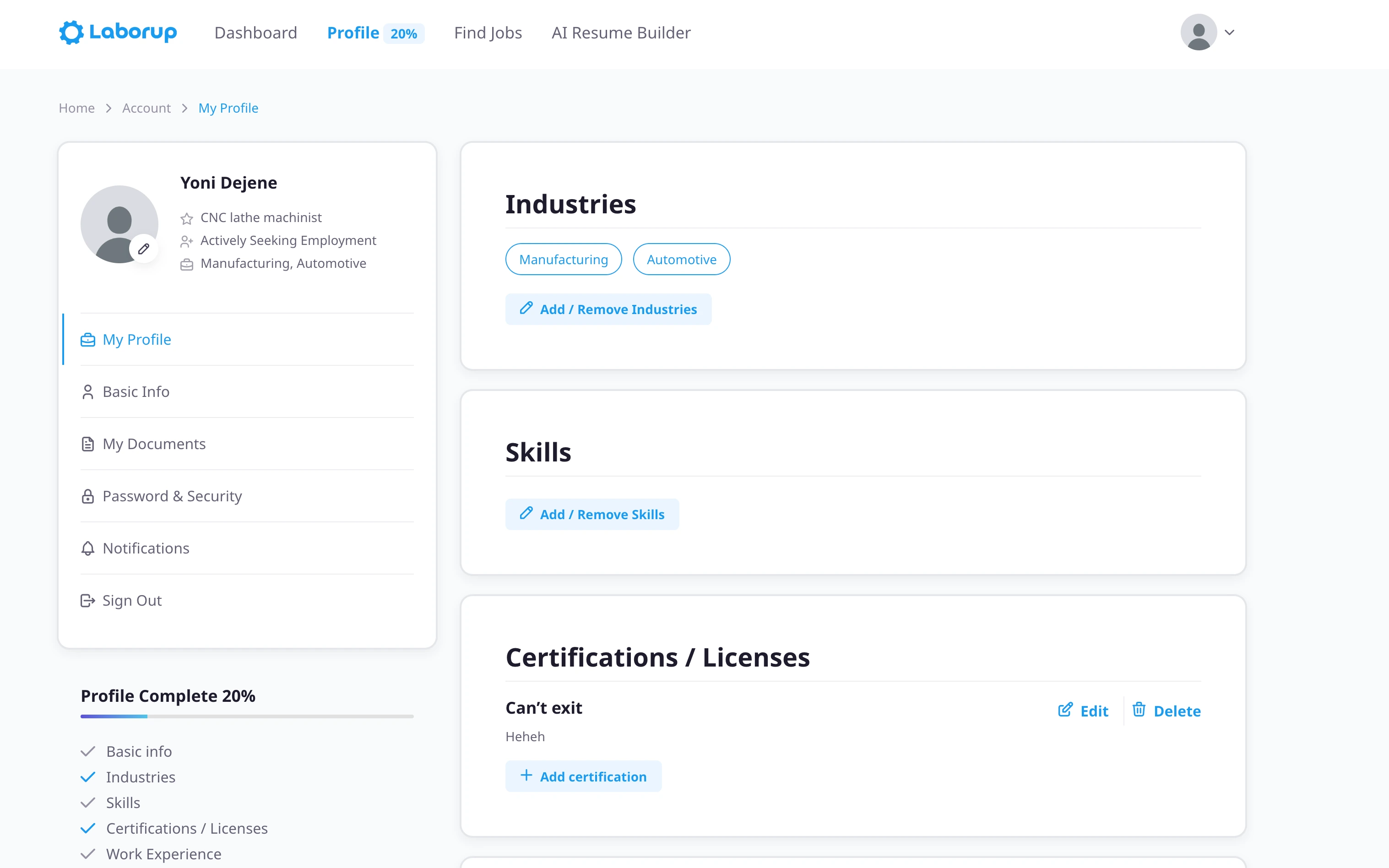 Before: the original Laborup desktop job seeker profile